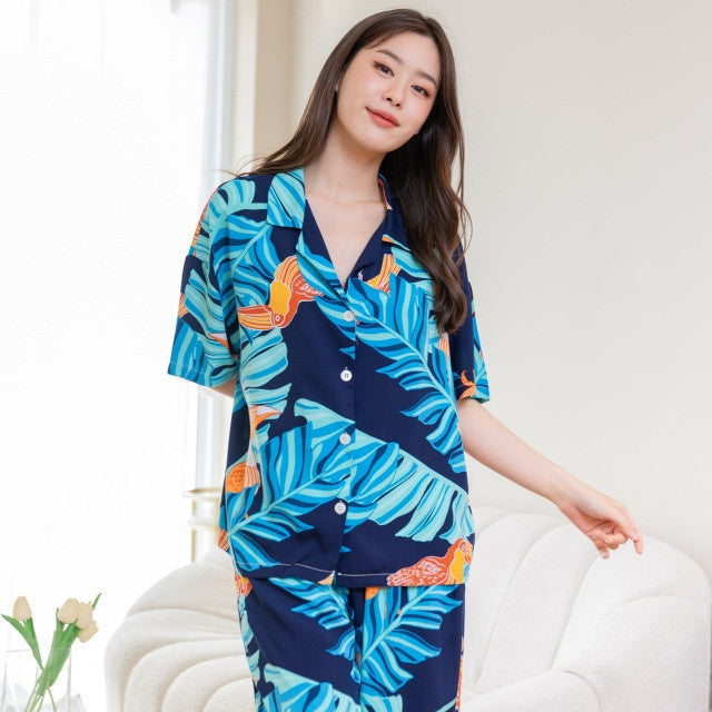 ชุดนอน Muslin Pajamas Organic bamboo รุ่น ใบตอง พื้นดำ (G344)