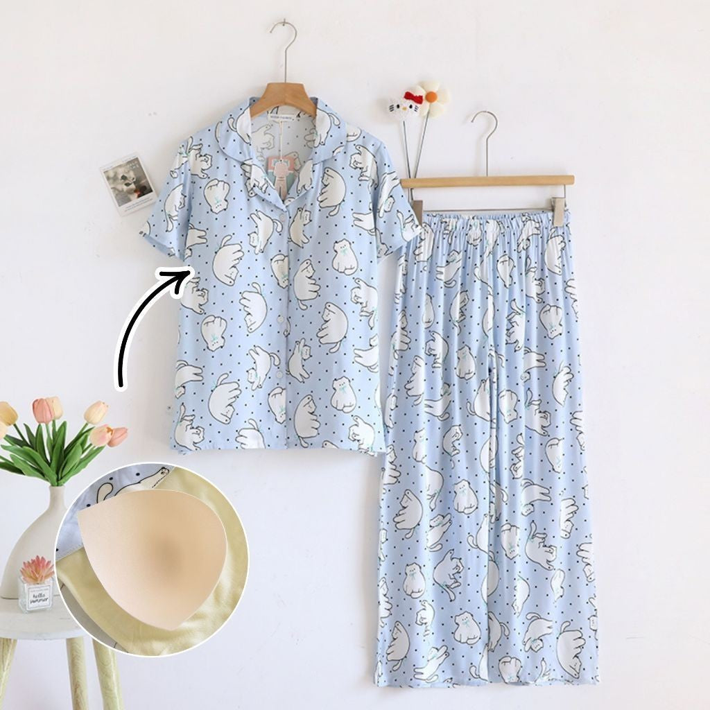 ชุดนอน Muslin pajamas Organic bamboo รุ่นChubby CatsSupport(A1025 B1025 E1025)|ชุดนอนมีบรา