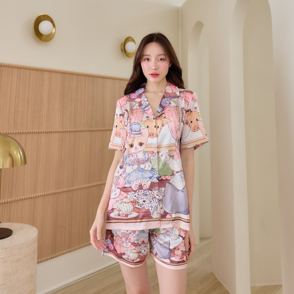 ชุดนอน Muslin Pajamas Silk Satin รุ่นWhimsical Kitty Café (N5114 T5114)|ชุดนอนผู้หญิง,ชุดนอนชุดเที่ยว