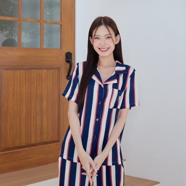 ชุดนอน Muslin Pajamas Silk Satin รุ่นลายทางกรม แดง กระเป๋านกฮูก( N1008 T1008)|ชุดนอนผู้หญิง