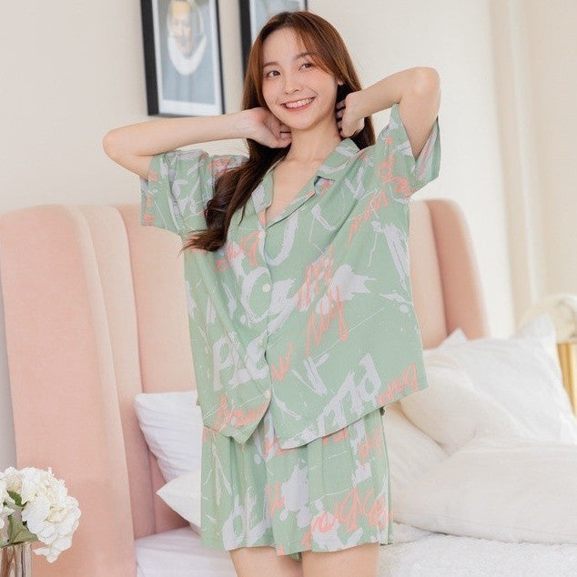 ชุดนอน Muslin Pajamas Organic Bambooรุ่นBrand newพื้นเขียว (A257 G257)|ชุดนอนชุดเที่ยว,ชุดนอนผู้หญิง