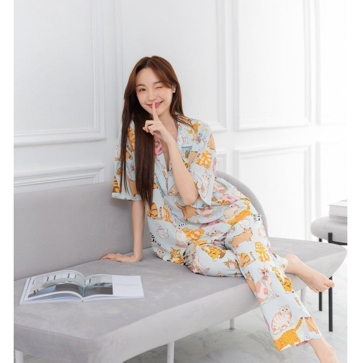 ชุดนอน Muslin Pajamas Organic Bamboo Over size รุ่น แมวฟ้า ( G13 )