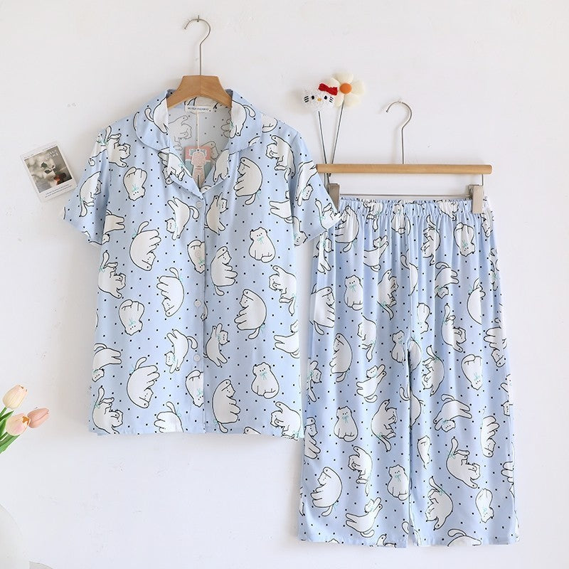 ชุดนอน Muslin pajamas Organic bamboo รุ่นChubby CatsSupport(A1025 B1025 E1025)|ชุดนอนมีบรา
