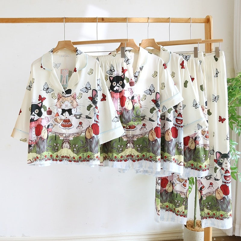 ชุดนอน Muslin Pajamas Silk Satinรุ่นPlayful Cats (W2151 V2151 L2151)|ชุดนอนผู้หญิง