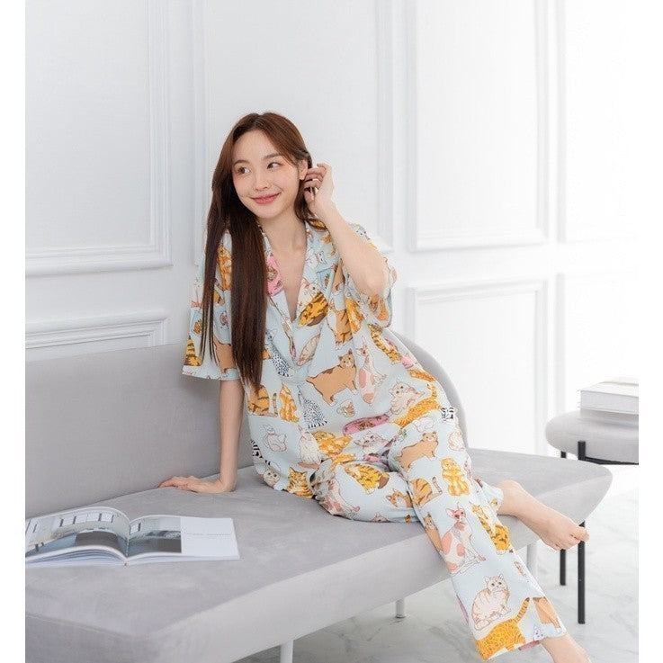 ชุดนอน Muslin Pajamas Organic Bamboo Over size รุ่น แมวฟ้า ( G13 )
