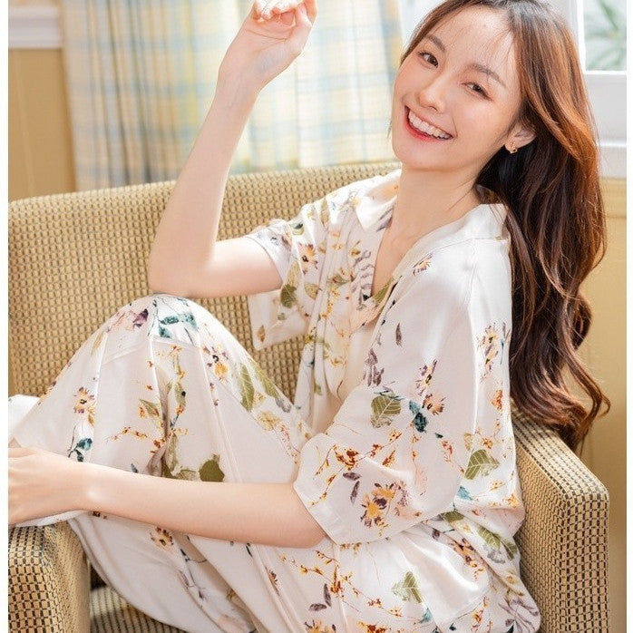ชุดนอน Muslin Pajamas Organic bamboo รุ่น ดอกไม้ พื้นครีม (G57) | ชุดนอนชุดเที่ยว,ชุดนอนผู้หญิง