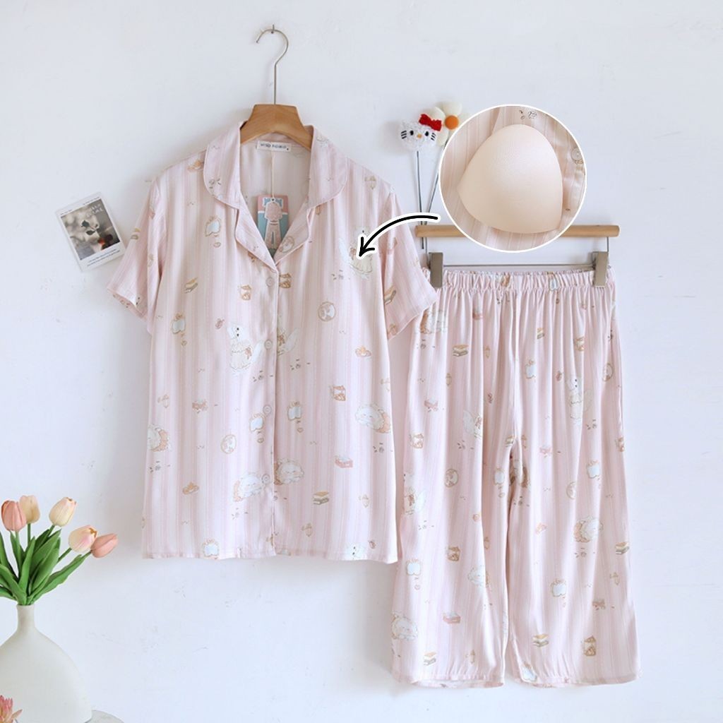 ชุดนอน Muslin Pajamas Organic bamboo รุ่นKitty Marshmallows(A1030 B1030 E1030)|ชุดนอนมีบรา