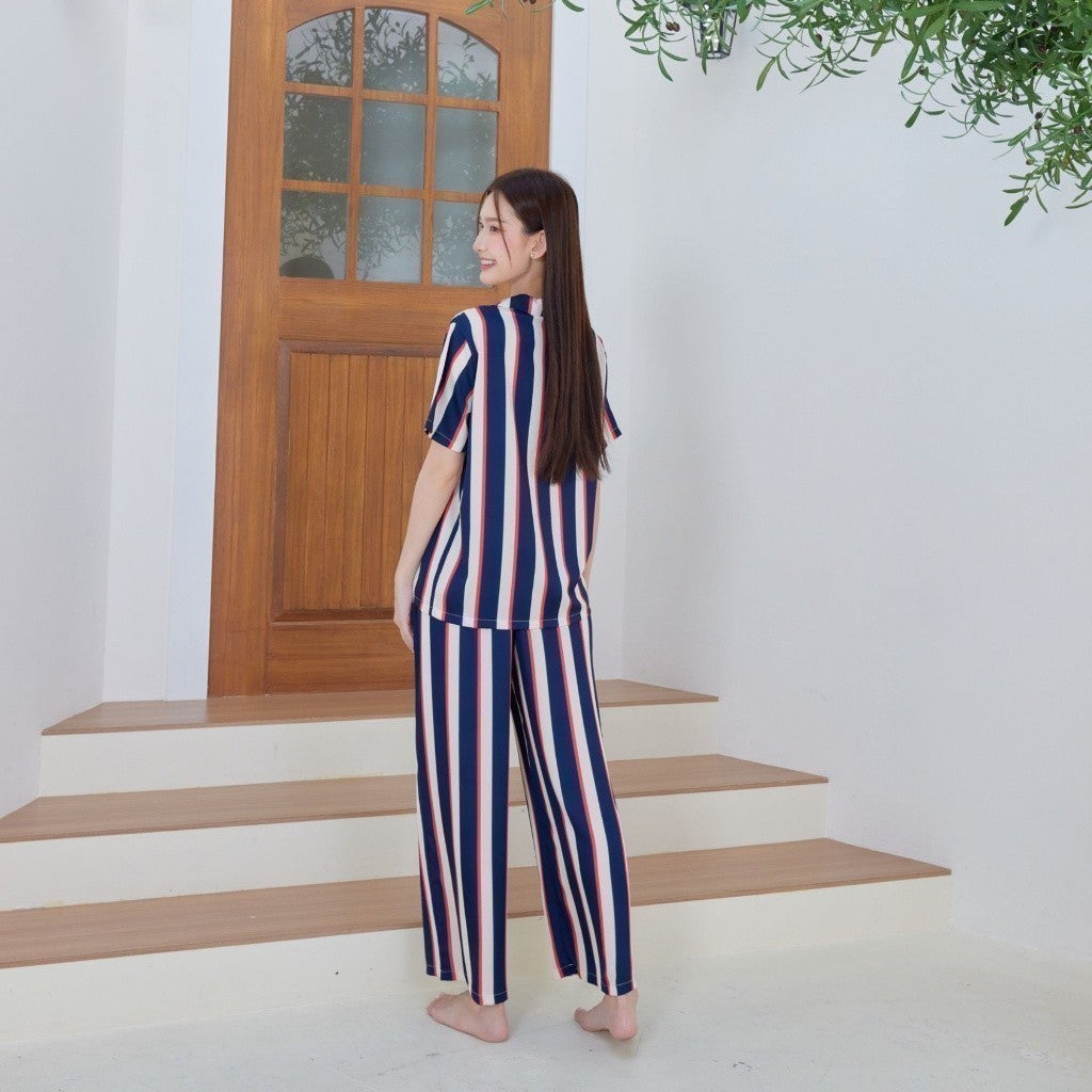 ชุดนอน Muslin Pajamas Silk Satin รุ่นลายทางกรม แดง กระเป๋านกฮูก( N1008 T1008)|ชุดนอนผู้หญิง