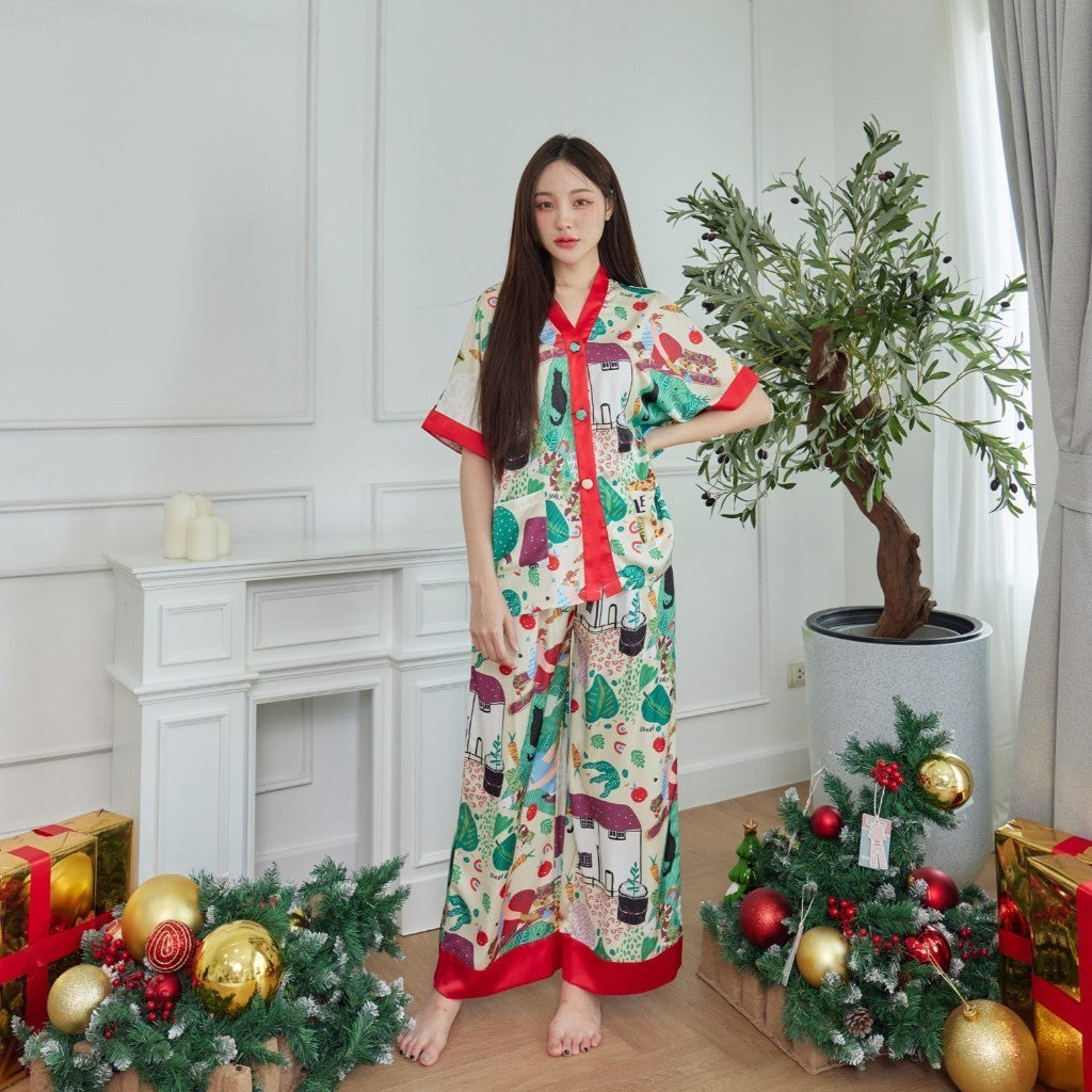 ชุดนอนMuslin Pajamas Silk Satin รุ่น Red Village (N9798 T9798 L798) | ชุดนอนผู้หญิง,ชุดนอนชุดเที่ยว