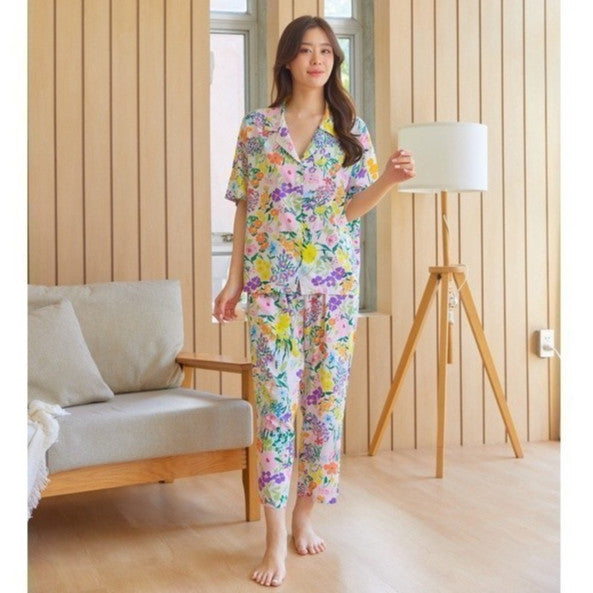 ชุดนอน Muslin Pajamas Organic bamboo รุ่น เถาวัลย์ ม่วง พื้นขาว(G381 A381)|ชุดนอนชุดเที่ยว,ชุดนอนผู้หญิง