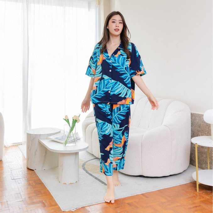 ชุดนอน Muslin Pajamas Organic bamboo รุ่น ใบตอง พื้นดำ (G344)