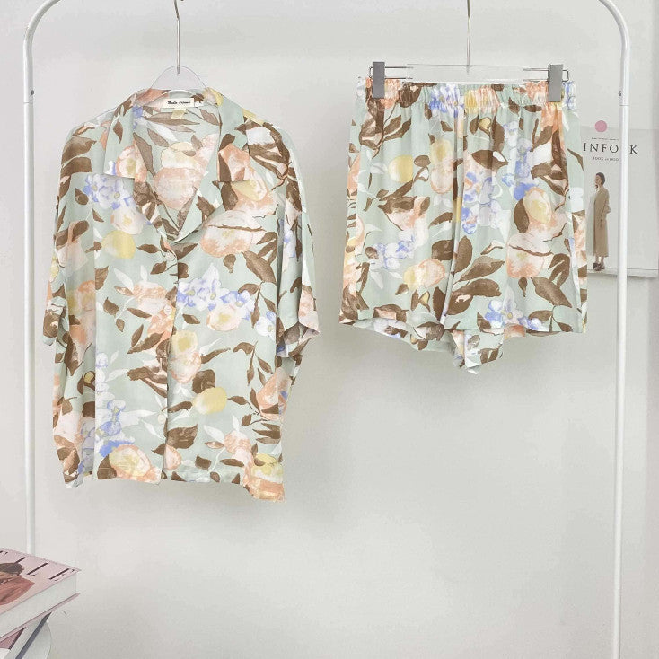 ชุดนอน Muslin Pajamas Organic bamboo รุ่น พื้นฟ้าอ่อน ใบไม้ผลิ (A447)