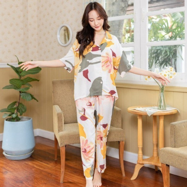 ชุดนอน Muslin Pajamas Organic Bamboo รุ่น TropicaL ใบไม้เหลือง (G23) | ชุดนอนชุดเที่ยว,ชุดนอนผู้หญิง