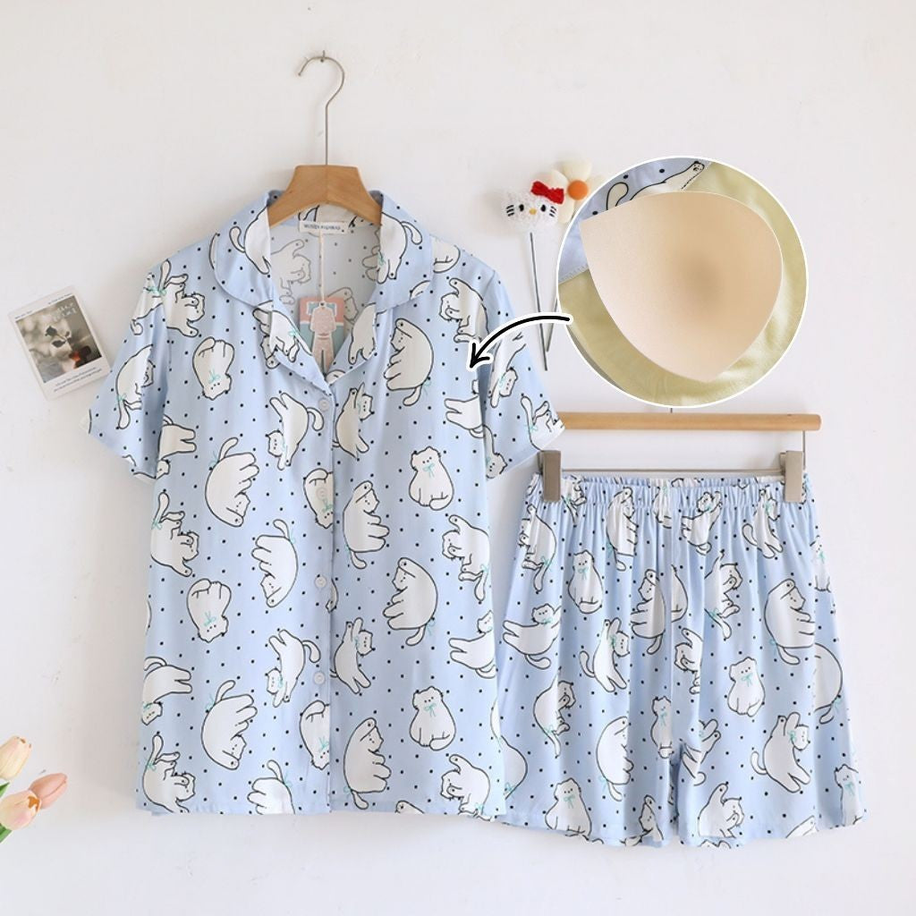 ชุดนอน Muslin pajamas Organic bamboo รุ่นChubby CatsSupport(A1025 B1025 E1025)|ชุดนอนมีบรา