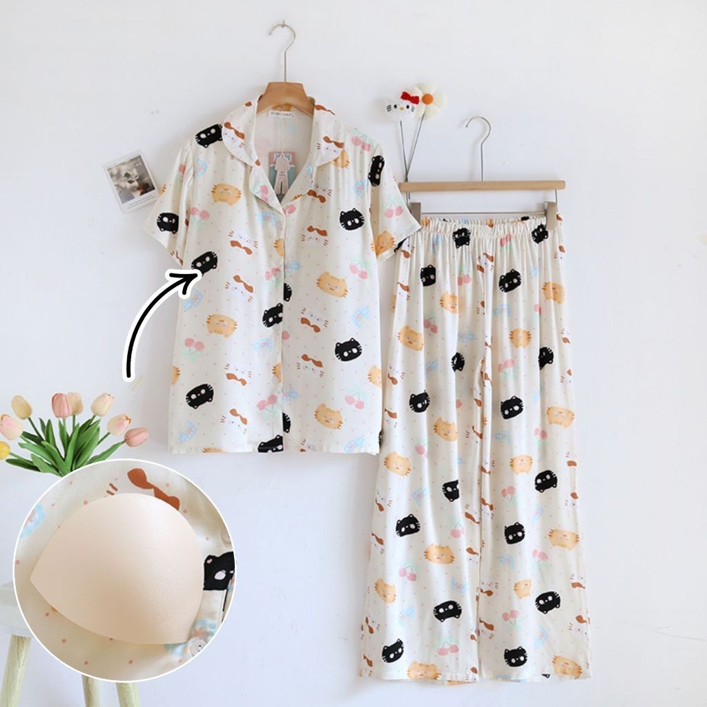 ชุดนอน Muslin pajamas Organic bamboo รุ่นKawaii Cats (A1028 B1028 E1028)|ชุดนอนมีบรา,ชุดนอนผู้หญิง