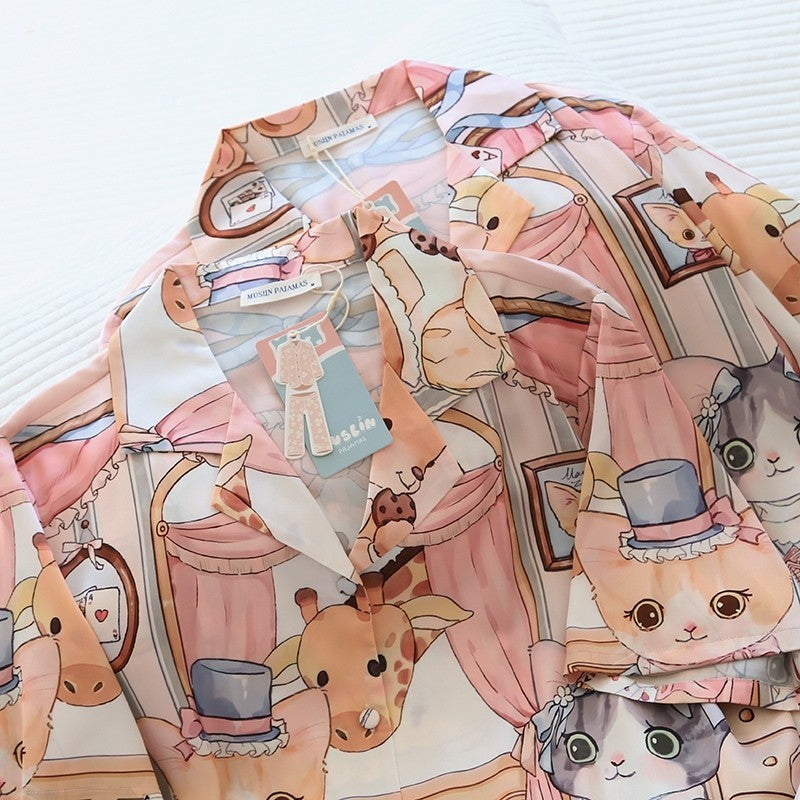 ชุดนอน Muslin Pajamas Silk Satin รุ่นWhimsical Kitty Café (N5114 T5114)|ชุดนอนผู้หญิง,ชุดนอนชุดเที่ยว