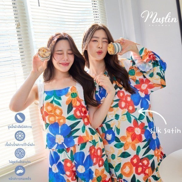 ชุดนอน Muslin Pajamas Silk Satin รุ่นดอกไม้หลากสี( K1101 L1101 N1101 R1101 T1101)|ชุดนอนผู้หญิง,ชุดนอนสายเดี่ยว