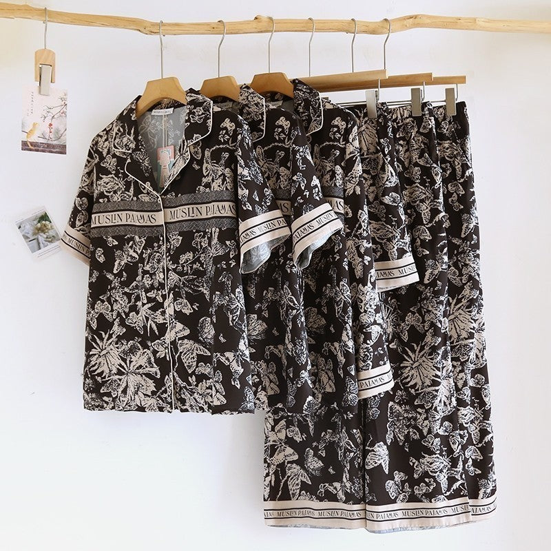 ชุดนอน Muslin Pajamas Silk Satin รุ่น Black Hawaiian (N5006 L5006 T5006 P5006) | ชุดนอนชุดเที่ยว