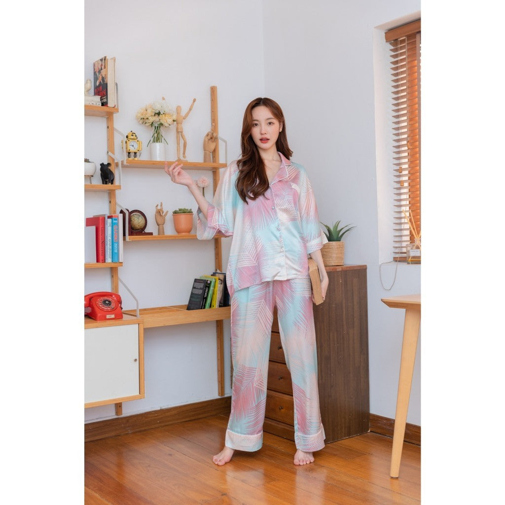 ชุดนอน Muslin Pajamas Silk Satin รุ่นลายมะพร้าว สีพาสเทล ( V320 )|ชุดนอนผู้หญิง,ชุดนอนชุดเที่ยว