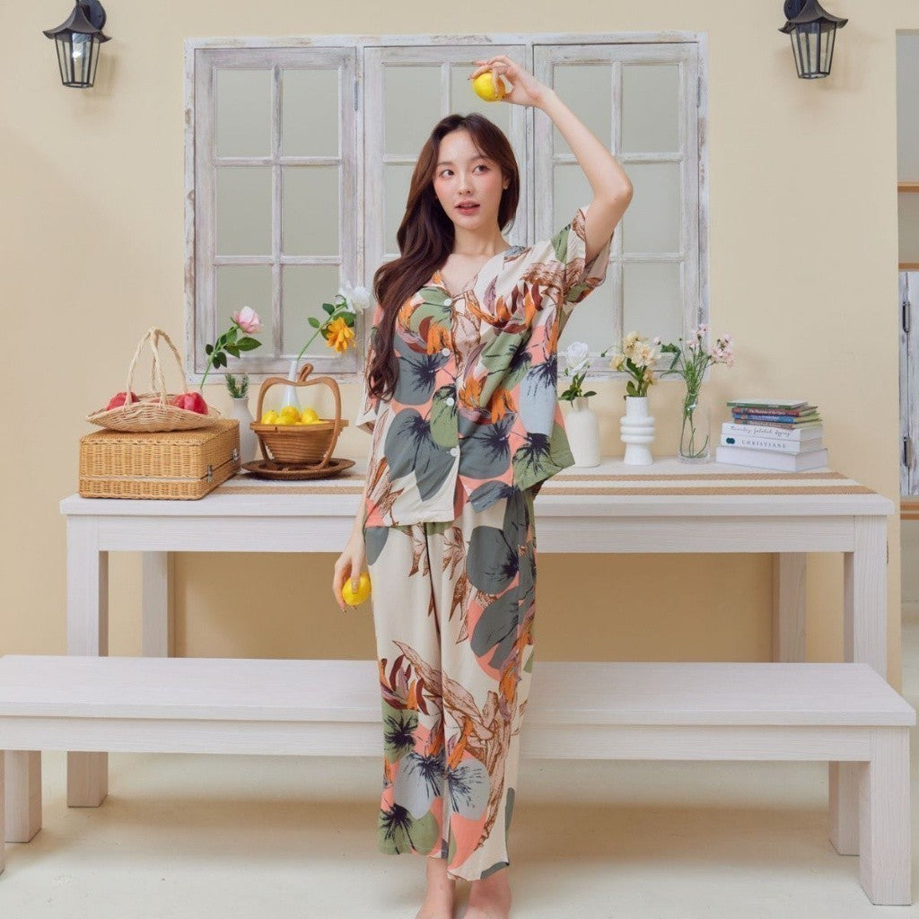 ชุดนอน Muslin Pajamas Organic bamboo รุ่น ใบไม้เขียว NEW (G20)| ชุดนอนชุดเที่ยว,ชุดนอนผู้หญิง