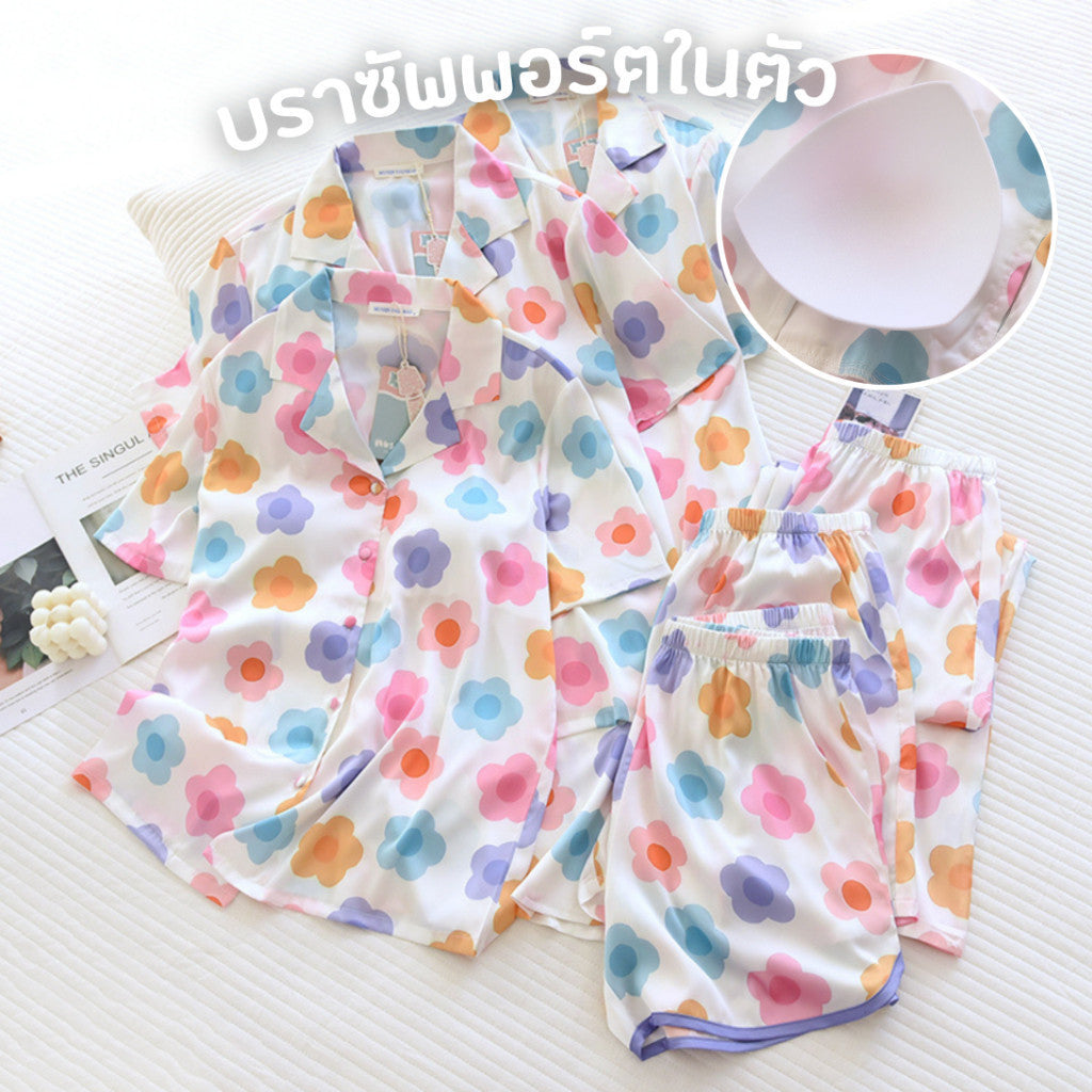 ชุดนอน Muslin Pajamas Silk Satin Support Bra รุ่นFloral Hues(N5096 T5096 K5096)ชุดนอนมีบราในตัว,ชุดนอนผู้หญิง