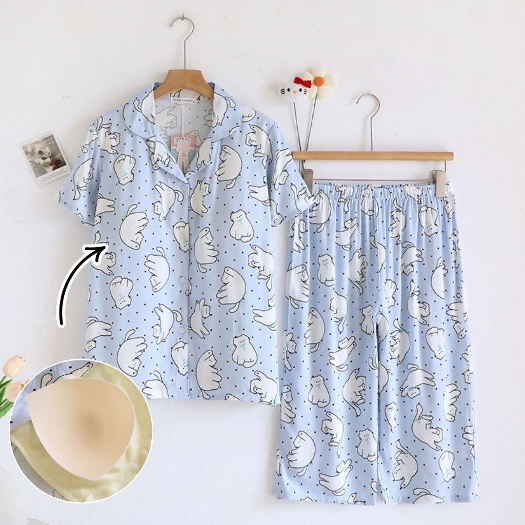 ชุดนอน Muslin pajamas Organic bamboo รุ่นChubby CatsSupport(A1025 B1025 E1025)|ชุดนอนมีบรา