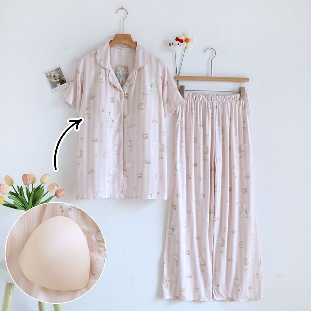 ชุดนอน Muslin Pajamas Organic bamboo รุ่นKitty Marshmallows(A1030 B1030 E1030)|ชุดนอนมีบรา
