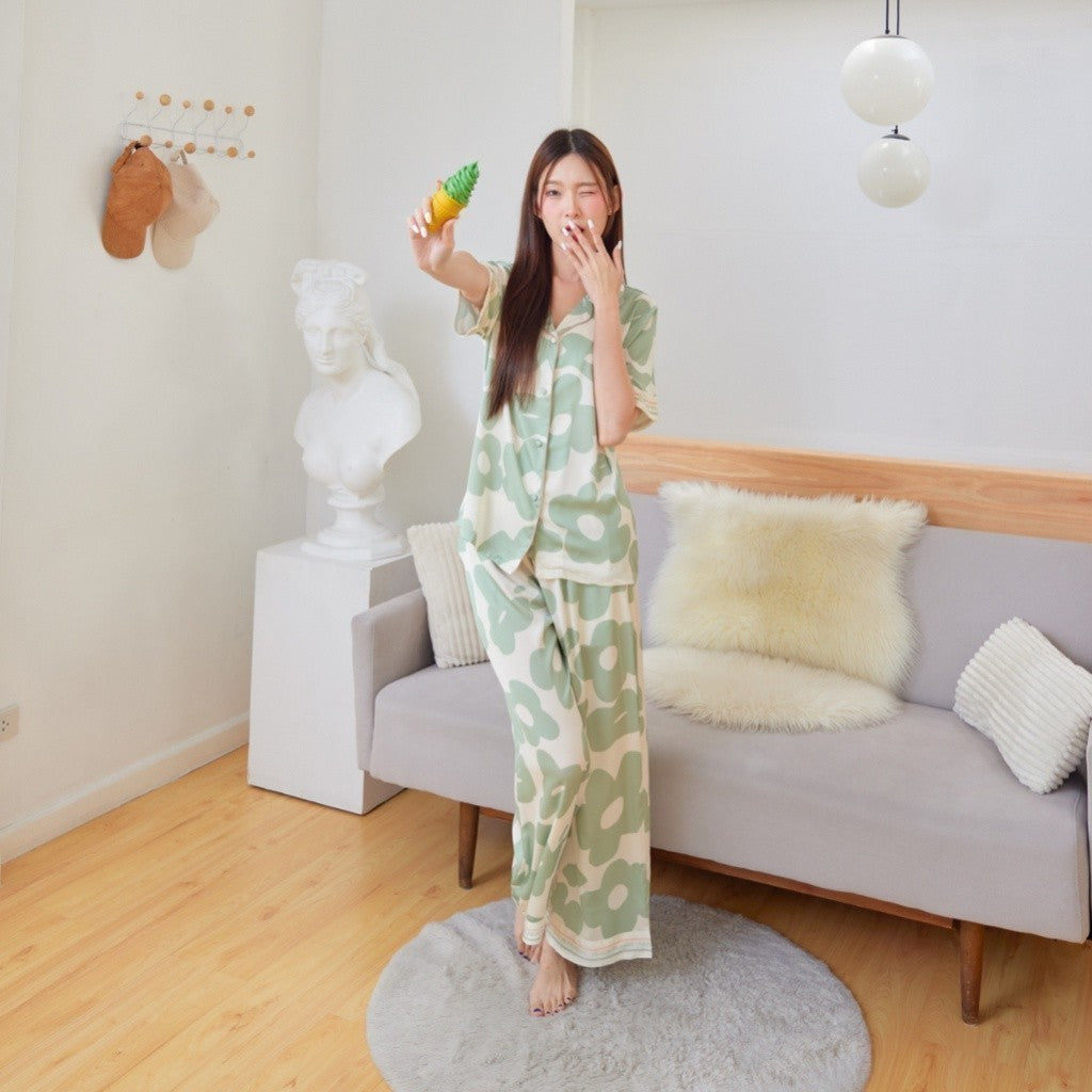 ชุดนอน Muslin Pajamas Silk Satini รุ่น Flower (1016 1017) | ชุดนอนชุดเที่ยว,ชุดนอนผู้หญิง