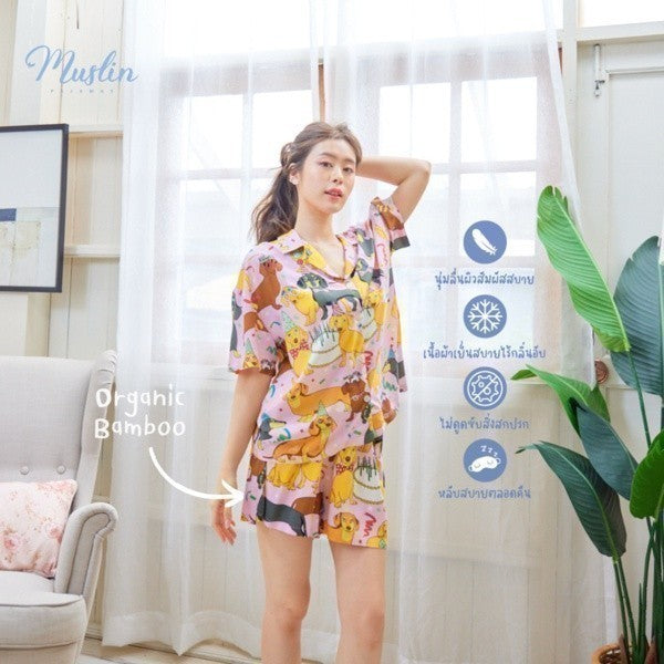 ชุดนอน Muslin Pajamas Organic bamboo รุ่น Dog Happy(A417 G417)|ชุดนอนชุดเที่ยว,ชุดนอนผู้หญิง
