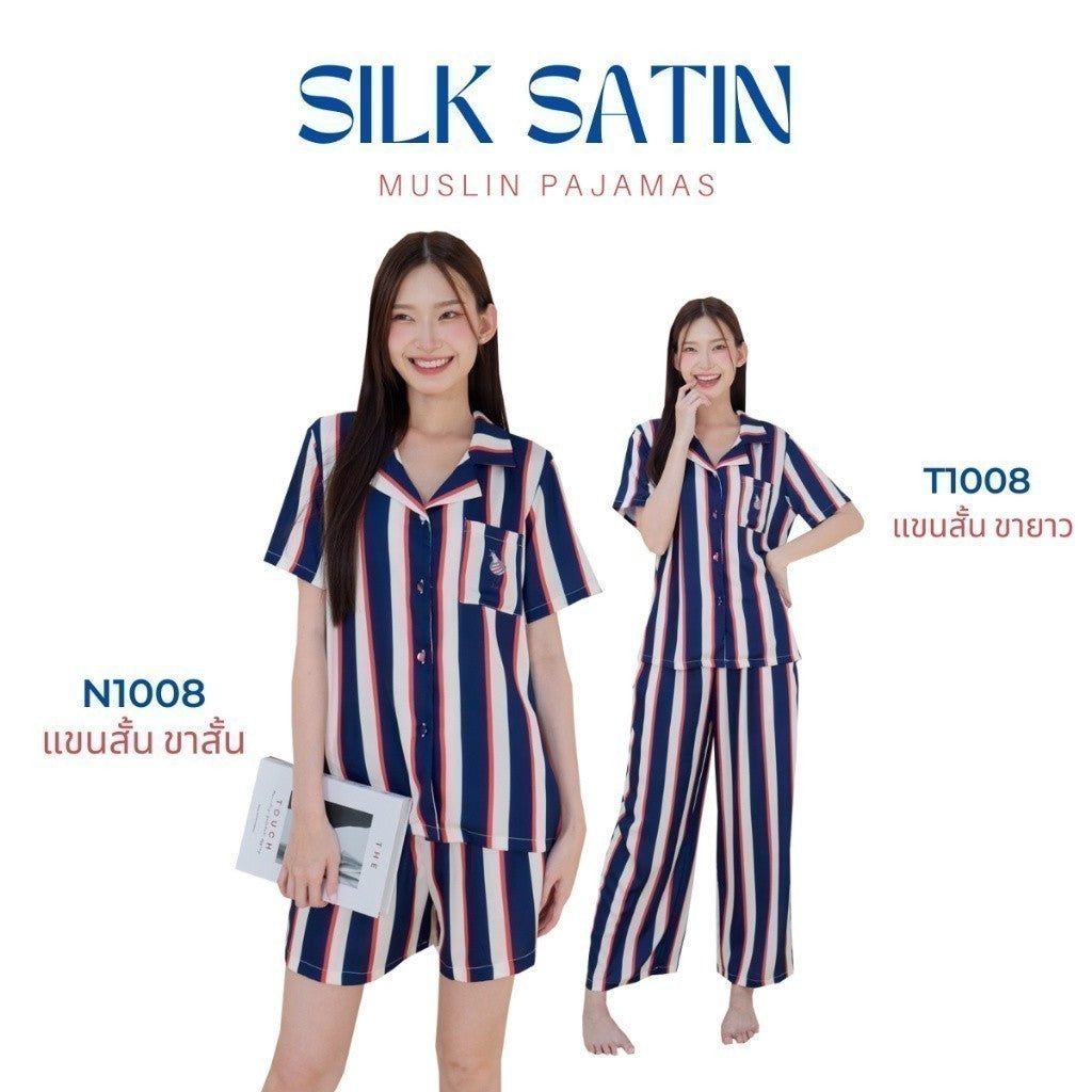 ชุดนอน Muslin Pajamas Silk Satin รุ่นลายทางกรม แดง กระเป๋านกฮูก( N1008 T1008)|ชุดนอนผู้หญิง