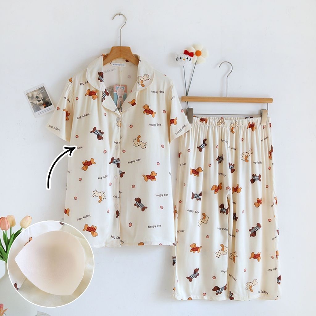 ชุดนอน Muslin Pajamas Organic bamboo รุ่นHappy Dogs Day(A1026 B1026 E1026)|ชุดนอนมีบรา,ชุดนอนผู้หญิง