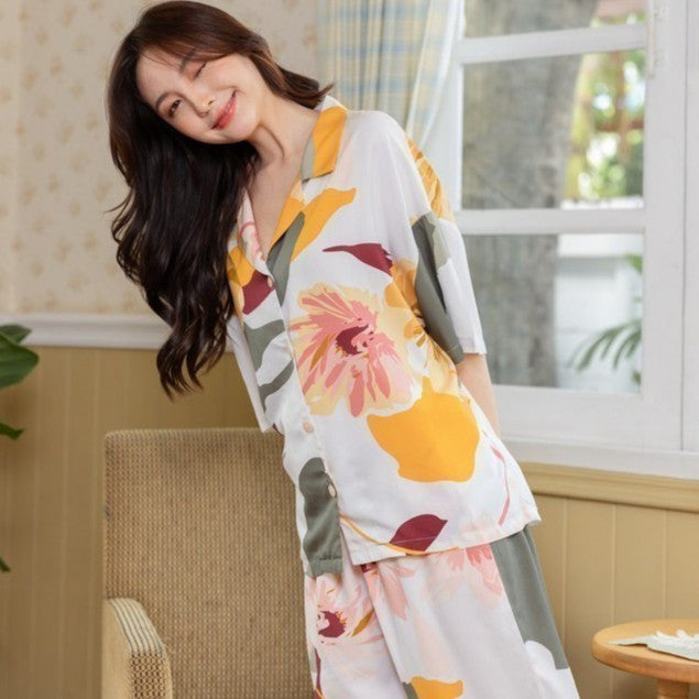 ชุดนอน Muslin Pajamas Organic Bamboo รุ่น TropicaL ใบไม้เหลือง (G23) | ชุดนอนชุดเที่ยว,ชุดนอนผู้หญิง