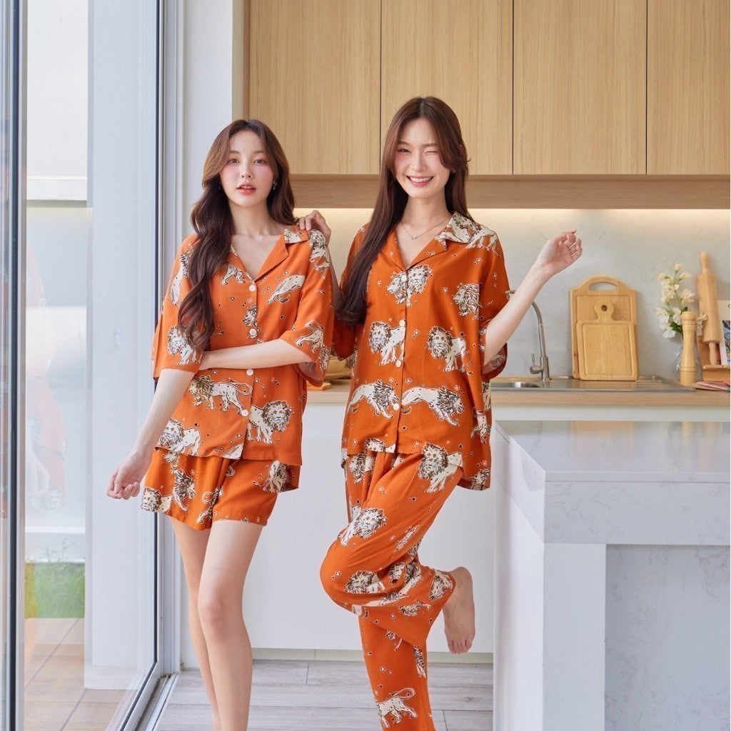 ชุดนอน Muslin Pajamas Organic bamboo รุ่น สิงโต พื้นส้ม (A418 G418)|ชุดนอนชุดเที่ยว, ชุดนอนผู้หญิง