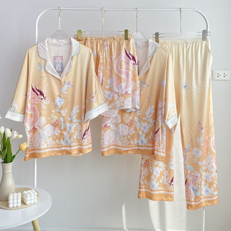 ชุดนอน Muslin Pajamas Silk Satin รุ่น Golden Dragon ( W2042 V2042 )