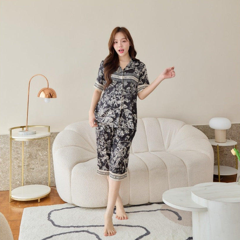 ชุดนอน Muslin Pajamas Silk Satin รุ่น Black Hawaiian (N5006 L5006 T5006 P5006) | ชุดนอนชุดเที่ยว