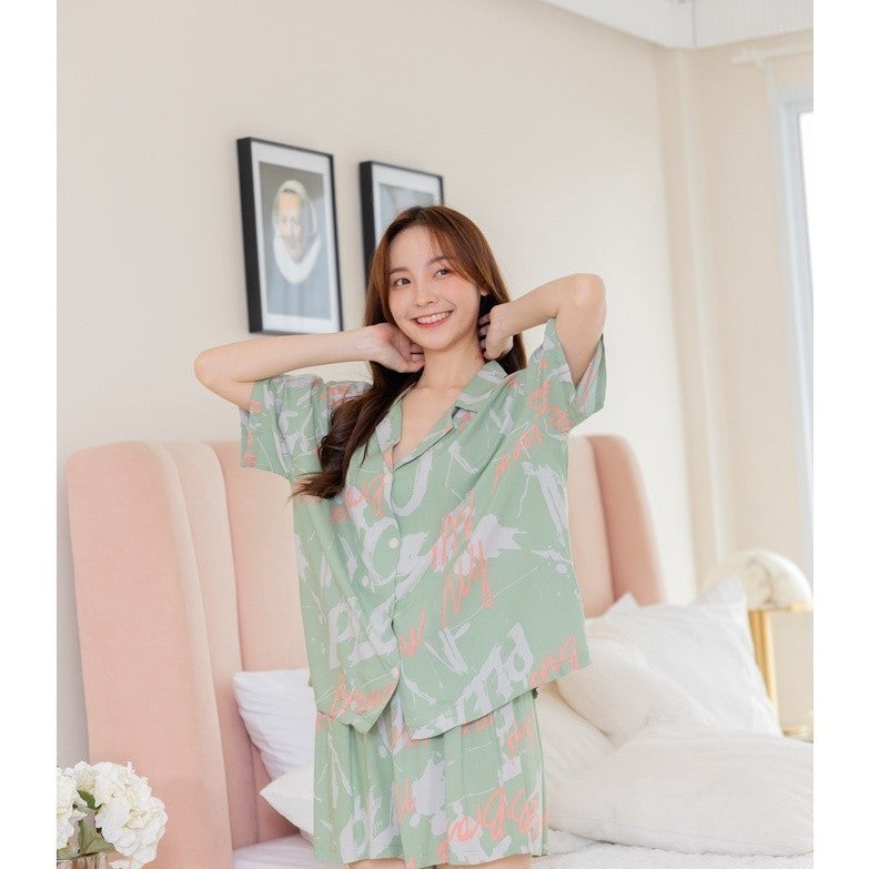 ชุดนอน Muslin Pajamas Organic Bambooรุ่นBrand newพื้นเขียว (A257 G257)|ชุดนอนชุดเที่ยว,ชุดนอนผู้หญิง
