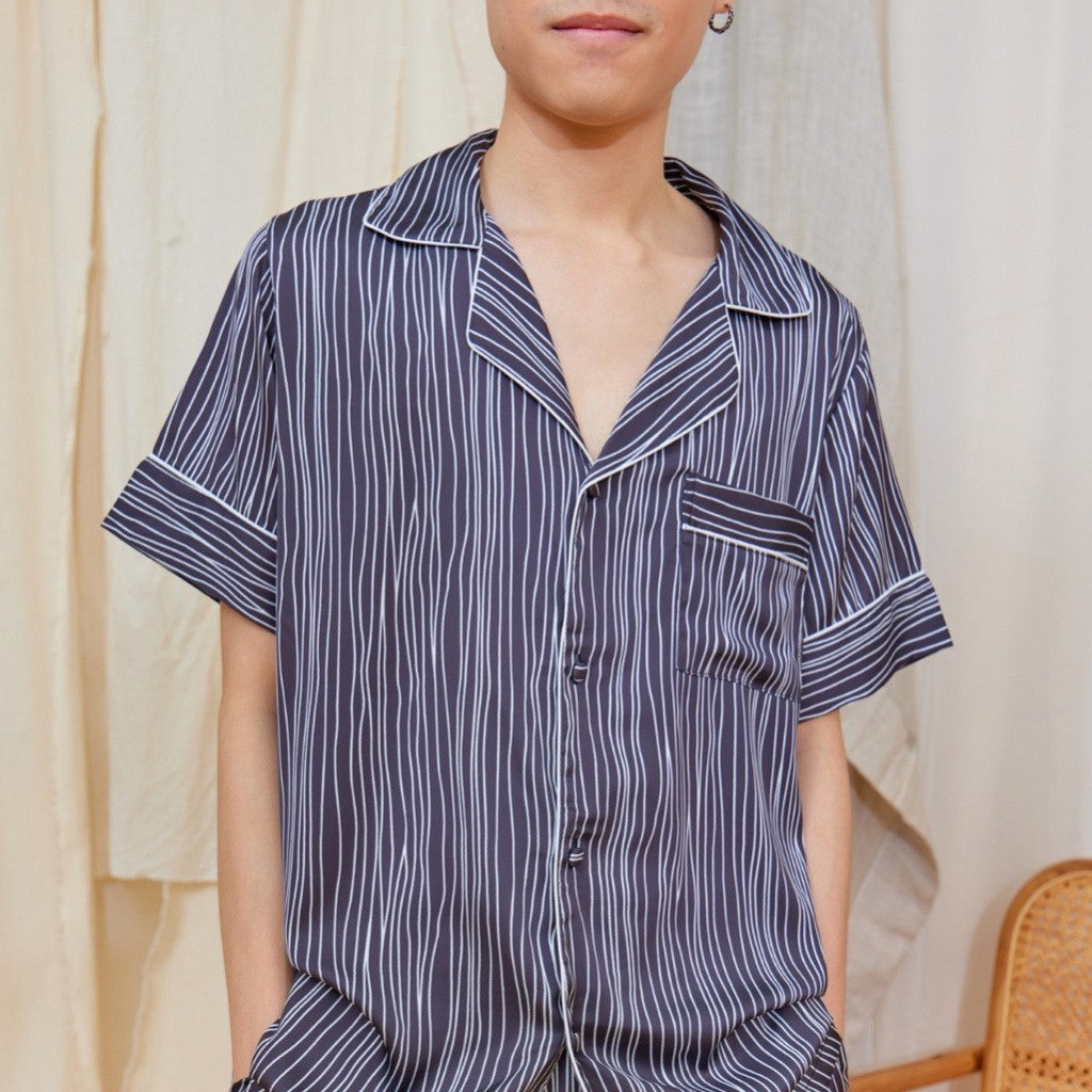 ชุดนอน Muslin Pajamas Silk Satin รุ่นลายทางขาวพื้นดำ(Y86 Y88)|ชุดนอนผู้ชาย