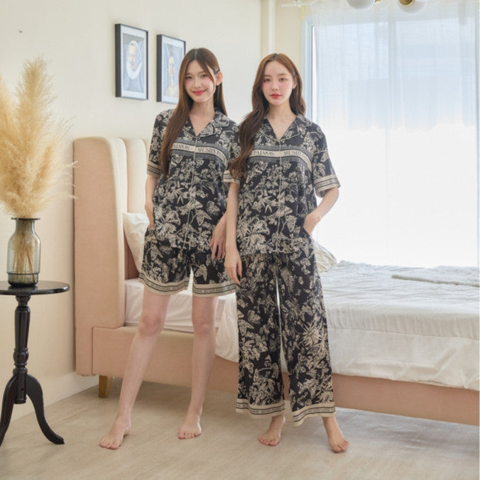 ชุดนอน Muslin Pajamas Silk Satin รุ่น Black Hawaiian (N5006 L5006 T5006 P5006) | ชุดนอนชุดเที่ยว