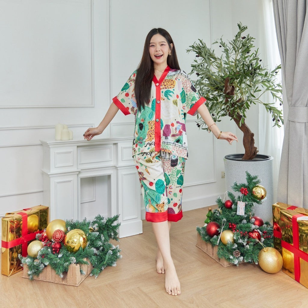 ชุดนอนMuslin Pajamas Silk Satin รุ่น Red Village (N9798 T9798 L798) | ชุดนอนผู้หญิง,ชุดนอนชุดเที่ยว