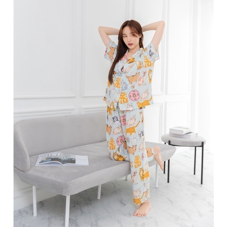 ชุดนอน Muslin Pajamas Organic Bamboo Over size รุ่น แมวฟ้า ( G13 )