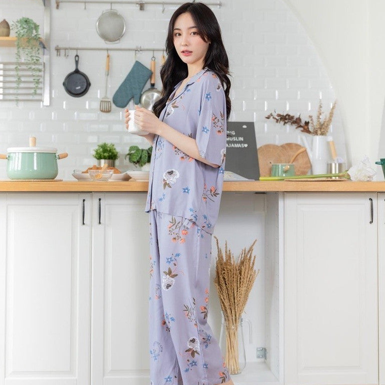 ชุดนอน Muslin Pajamas Organic Bamboo รุ่น ดอกไม้ พื้นม่วง (G76)|ชุดนอนชุดเที่ยว,ชุดนอนผู้หญิง