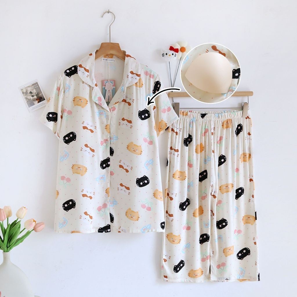 ชุดนอน Muslin pajamas Organic bamboo รุ่นKawaii Cats (A1028 B1028 E1028)|ชุดนอนมีบรา,ชุดนอนผู้หญิง