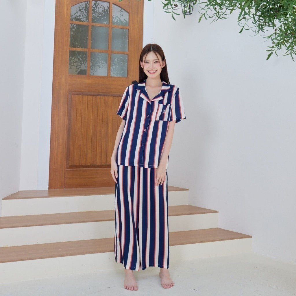 ชุดนอน Muslin Pajamas Silk Satin รุ่นลายทางกรม แดง กระเป๋านกฮูก( N1008 T1008)|ชุดนอนผู้หญิง