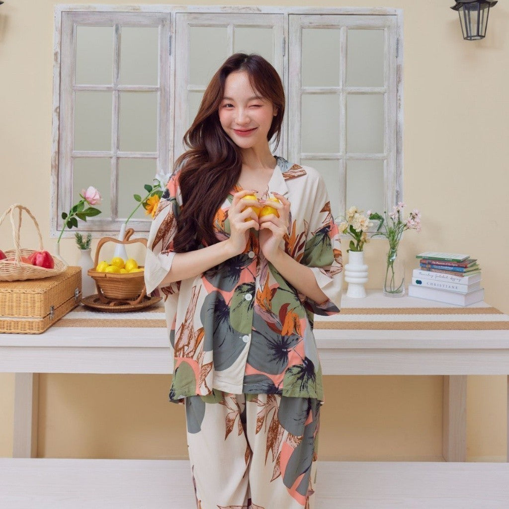 ชุดนอน Muslin Pajamas Organic bamboo รุ่น ใบไม้เขียว NEW (G20)| ชุดนอนชุดเที่ยว,ชุดนอนผู้หญิง