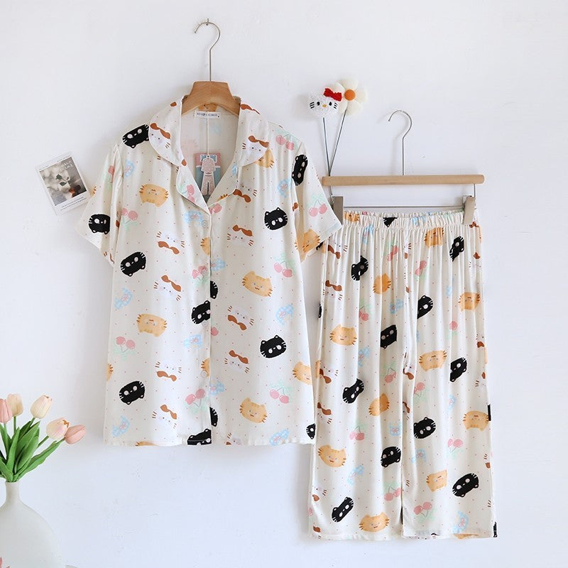 ชุดนอน Muslin pajamas Organic bamboo รุ่นKawaii Cats (A1028 B1028 E1028)|ชุดนอนมีบรา,ชุดนอนผู้หญิง