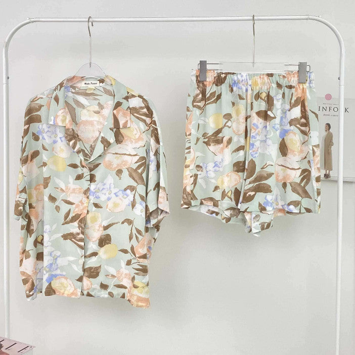 ชุดนอน Muslin Pajamas Organic bamboo รุ่น พื้นฟ้าอ่อน ใบไม้ผลิ (A447)