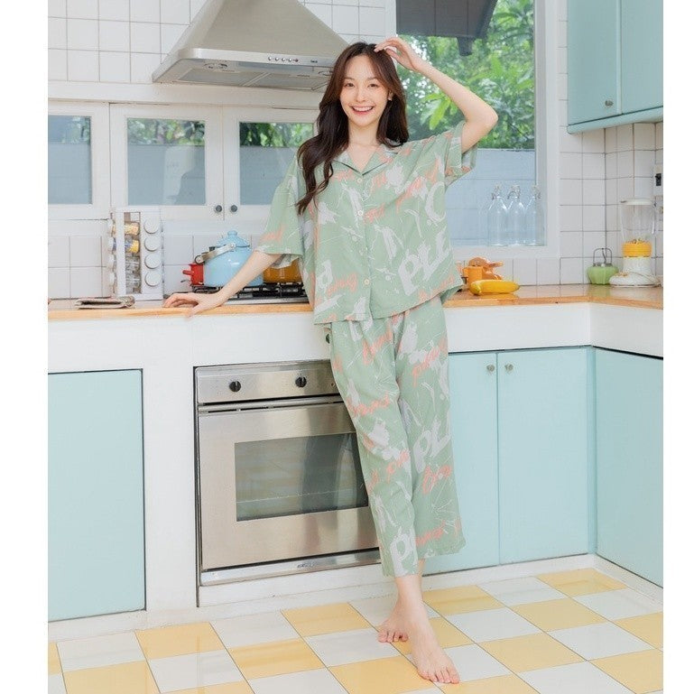 ชุดนอน Muslin Pajamas Organic Bambooรุ่นBrand newพื้นเขียว (A257 G257)|ชุดนอนชุดเที่ยว,ชุดนอนผู้หญิง