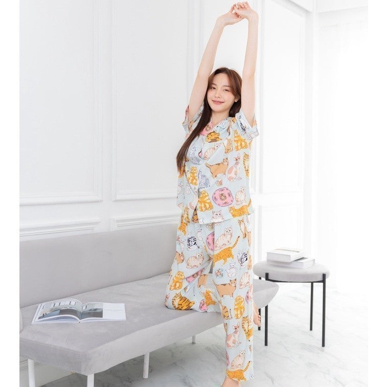 ชุดนอน Muslin Pajamas Organic Bamboo Over size รุ่น แมวฟ้า ( G13 )
