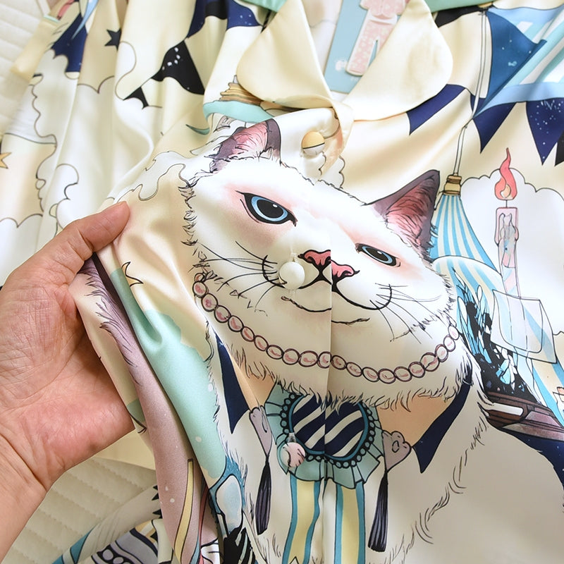 ชุดนอน Muslin Pajamas Silk Satin รุ่น Lunar Cat (W2170 V2170) | ชุดนอนชุดเที่ยว,ชุดนอนผู้หญิง