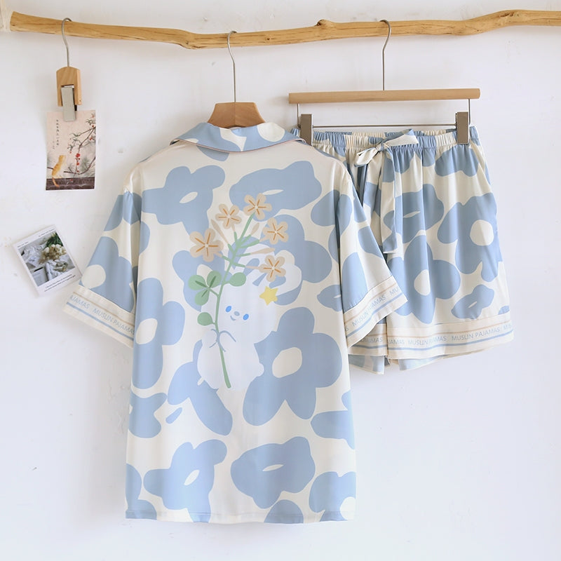 ชุดนอน Muslin Pajamas Silk Satini รุ่น Flower (1016 1017) | ชุดนอนชุดเที่ยว,ชุดนอนผู้หญิง